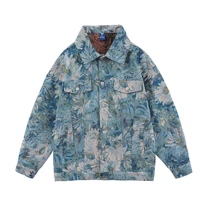 

High Quality Japan Style Floral Print Vintage Men's Denim Coats Long Sleeve Lapel Streetwear Jackets Youth Casual Clothing Tops