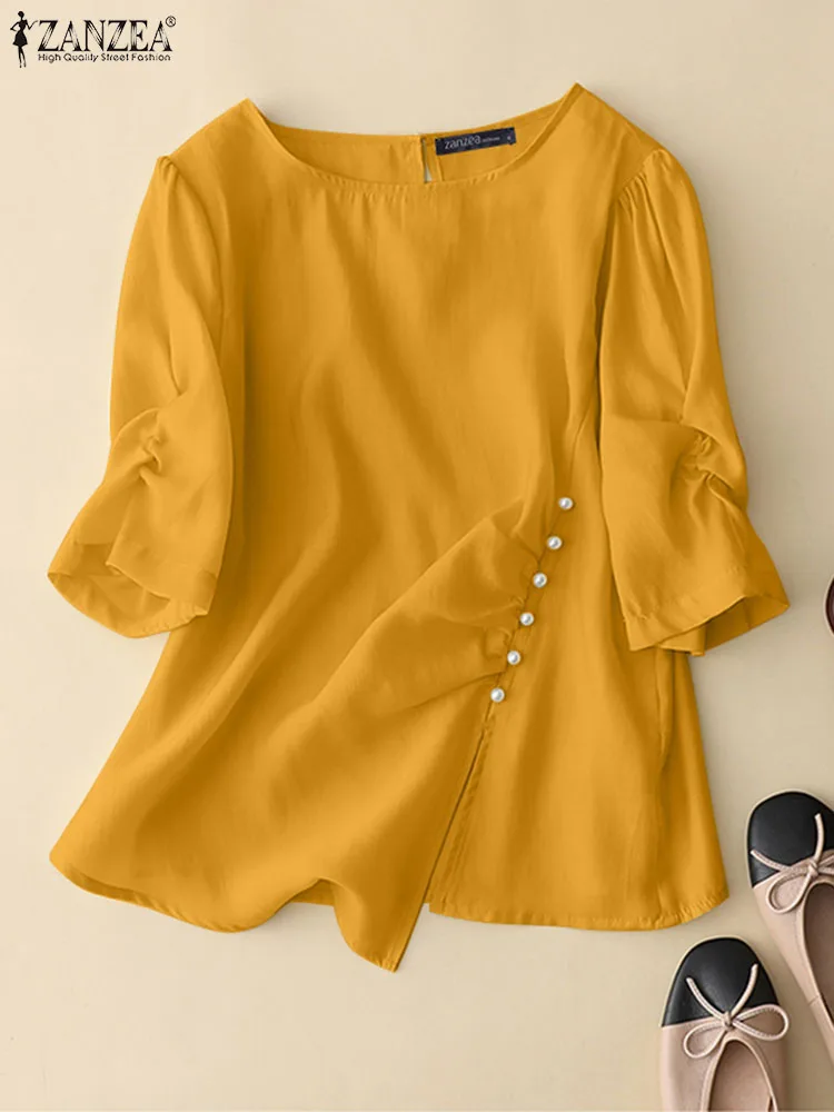 

ZANZEA Summer OL Shirt Women Elegant Solid Blouse Female O Neck Half Sleeve Tunic Tops Causal Loose Pleated Blusas Party Mujer