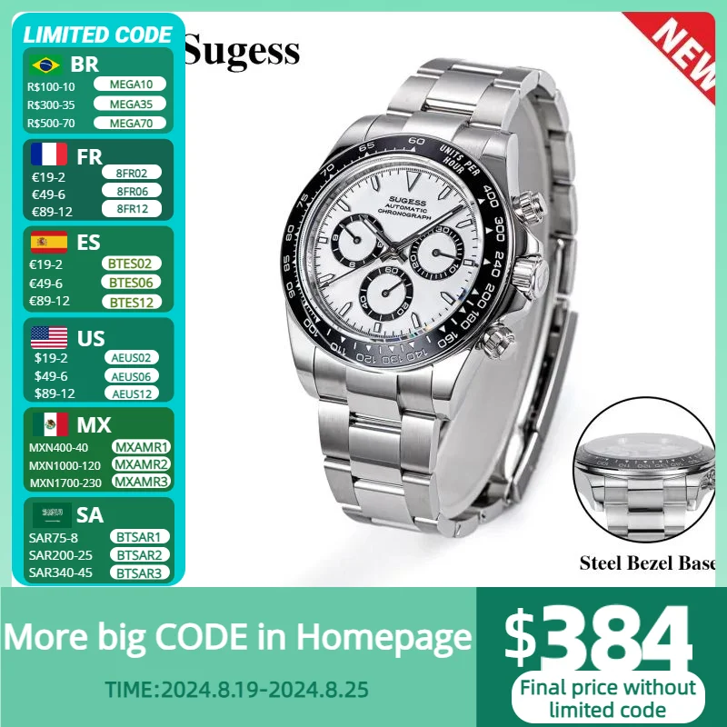 Sugess Panda Chronograph Movement Automatic Mechanical Chronograph Wristwatch Waterproof Diving Men Watches Ceramic Bezel Tona