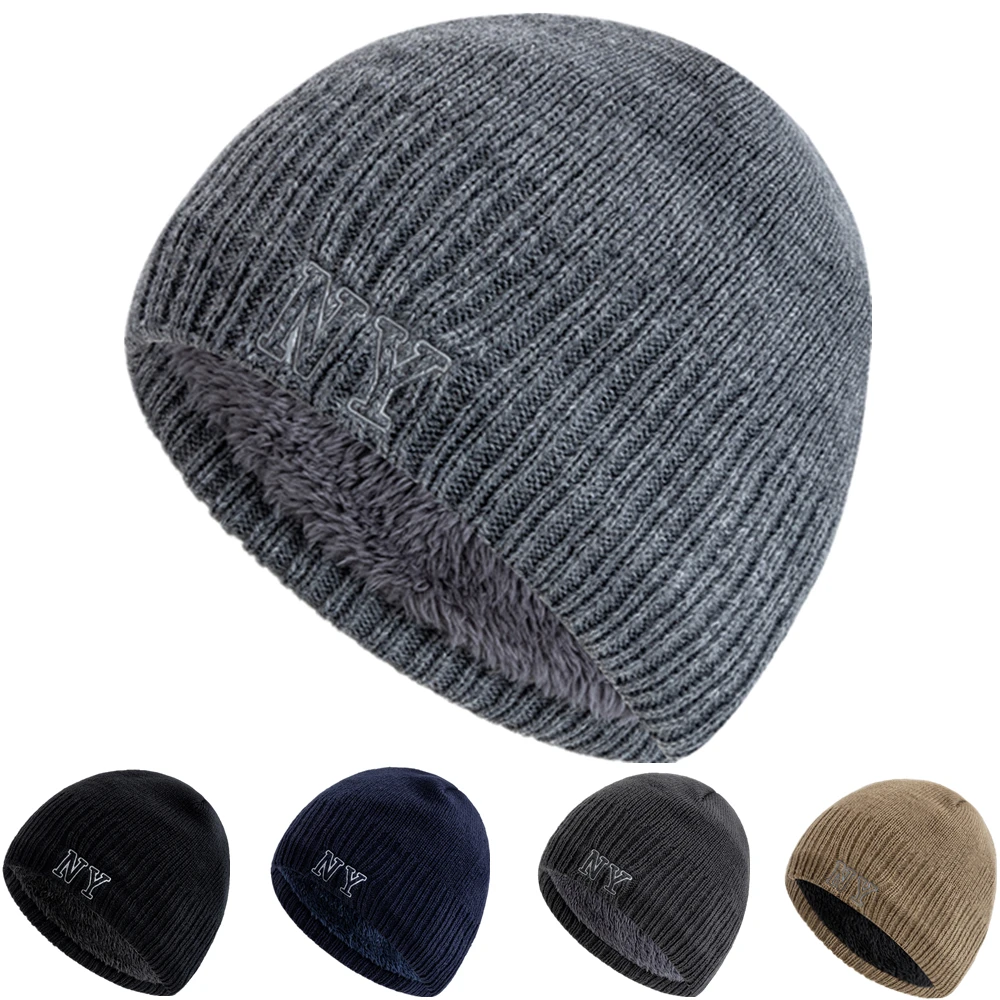 Hot Sale Unisex Autumn/Winter Hats Plush Fur Lined Men Women Warm Beanie Cap Casual NY Printing Winter Ski Knitted Hats