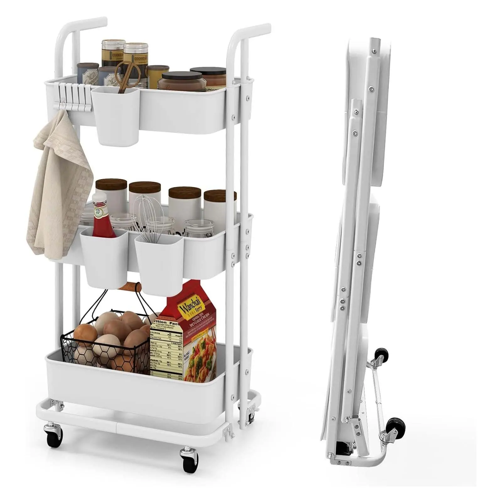 3 Tier Folding Trolley Mobile Serving Trolley on Wheels, Metal Kitchen Trolley with Handle, 3 Hanging Cups & 6 Hooks