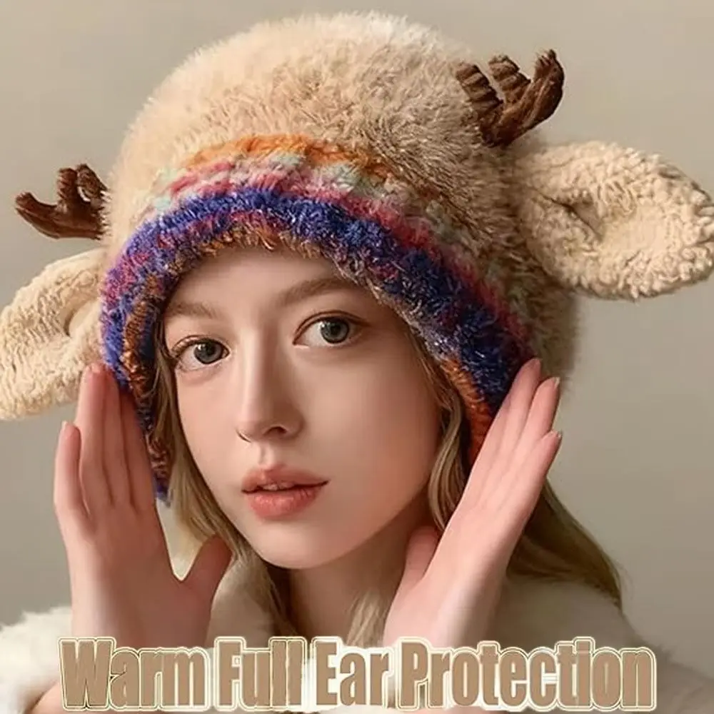 New Fur Deer Storage Hat Ear Protection Windproof Festival Christmas Antler Hat Elastic 2 In 1 Winter Cap Outdoor
