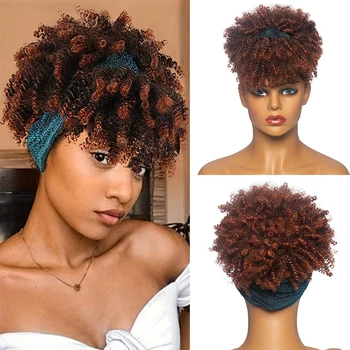 Ombre Headband Wig Short Afro Kinky Curly Headband Wig with Bangs for Women Natural Synthetic Curly Wigs with Head Wrap