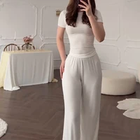 Casual Long Pants Suits Women O-neck Short Sleeve T-shirt Elastic Waist Trousers Set Spring Summer Solid Lady Household Clothes - Image 5