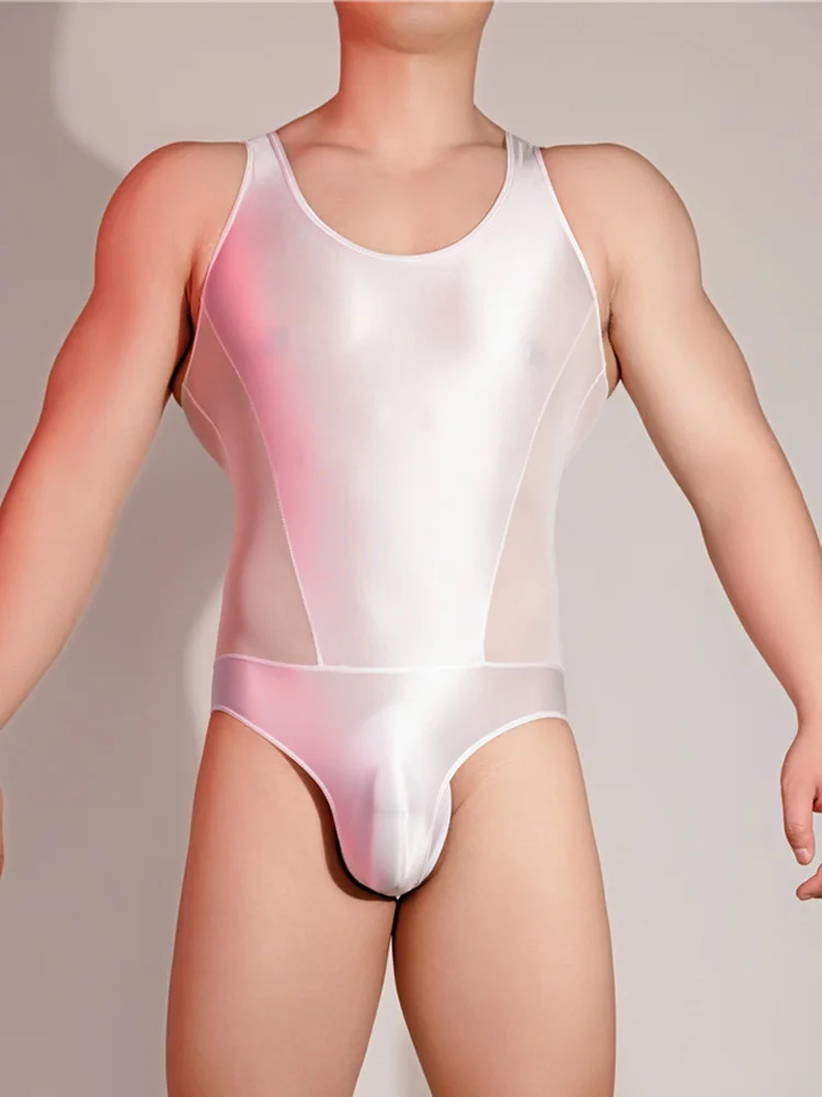 Men High Cut Bodysuit U Bulge Pouch Elastic Bandage Sexy Tights Sheer See Through Convex Shapping Leotard
