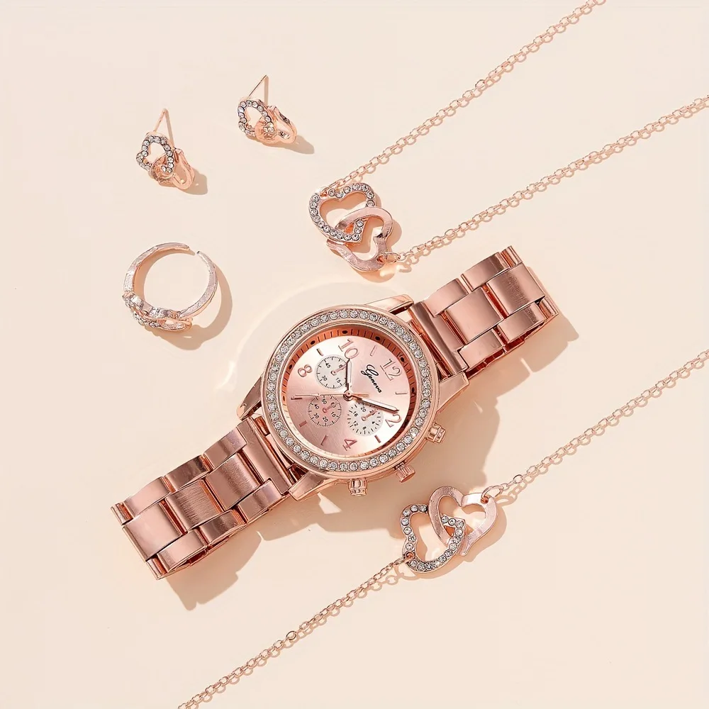 6PCS Set  Fashion Wristwatch Casual Ladies Bracelet Watches Rose Gold Luxury Watch Women Ring Necklace Earring Rhinestone images - 6