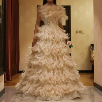 Luxury Dubai Feathers Princess Ball Gown Cream Evening Dresses for Women Wedding Engament Party Dress 532 1