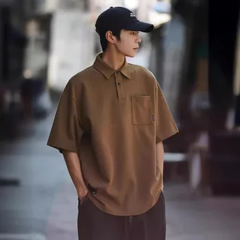 Polo a maniche corte da uomo, tinta unita, con taschino, estivo, vestibilità ampia, con risvolto, t-shirt casual a mezza manica, top