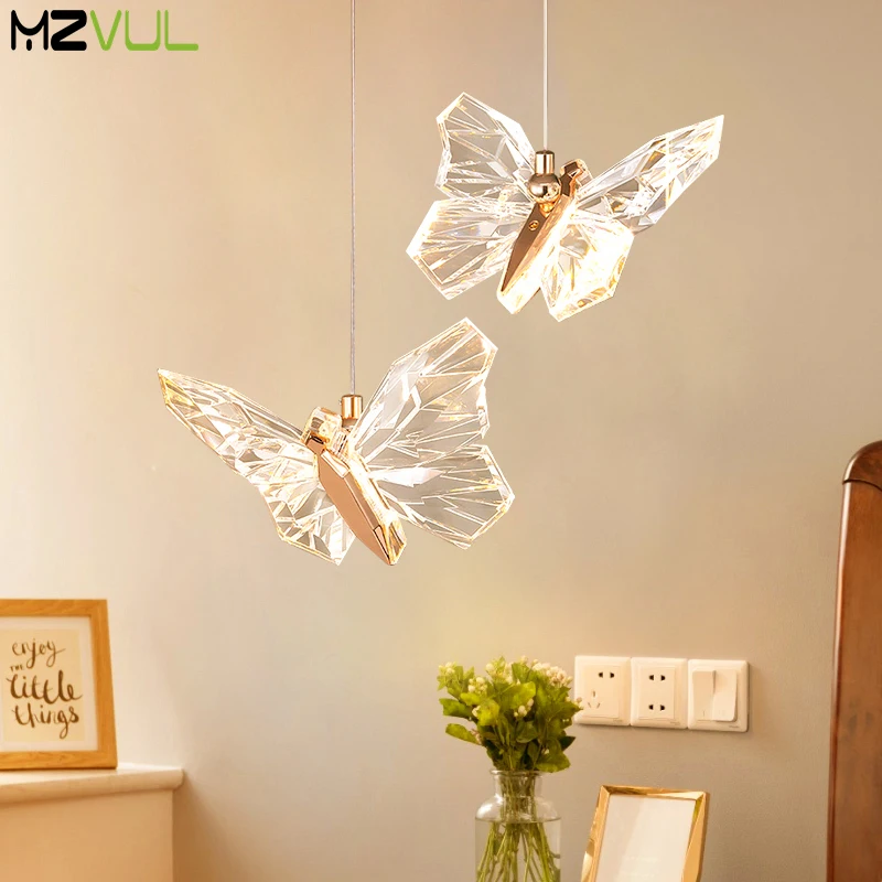 

Nordic Butterfly Crystal LED Chandelier Creative Living Room Bedroom Bedside Pendant Lights Restaurant Decorative Hanging Lamp