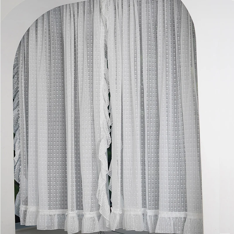 White Striped Sheer Curtains Romantic Ruffle Design Tulle Light Filtering Drapes for Bedroom French Bay Window Curtains