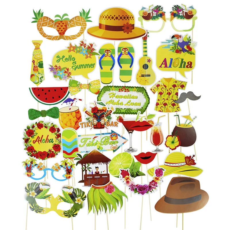1set Hawaiian Photo Booth Props Hello Summer Aloha Luau Camera Shooting Prop Tiki Bar Happy Tropical Beach Hawaii Party Supplies