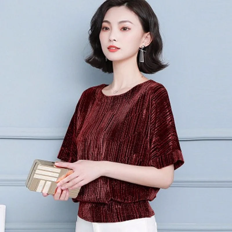 

2023 summer new round neck bright silk short-sleeved T-shirt thin cassette foreign air large size bottoming shirt loose jacket