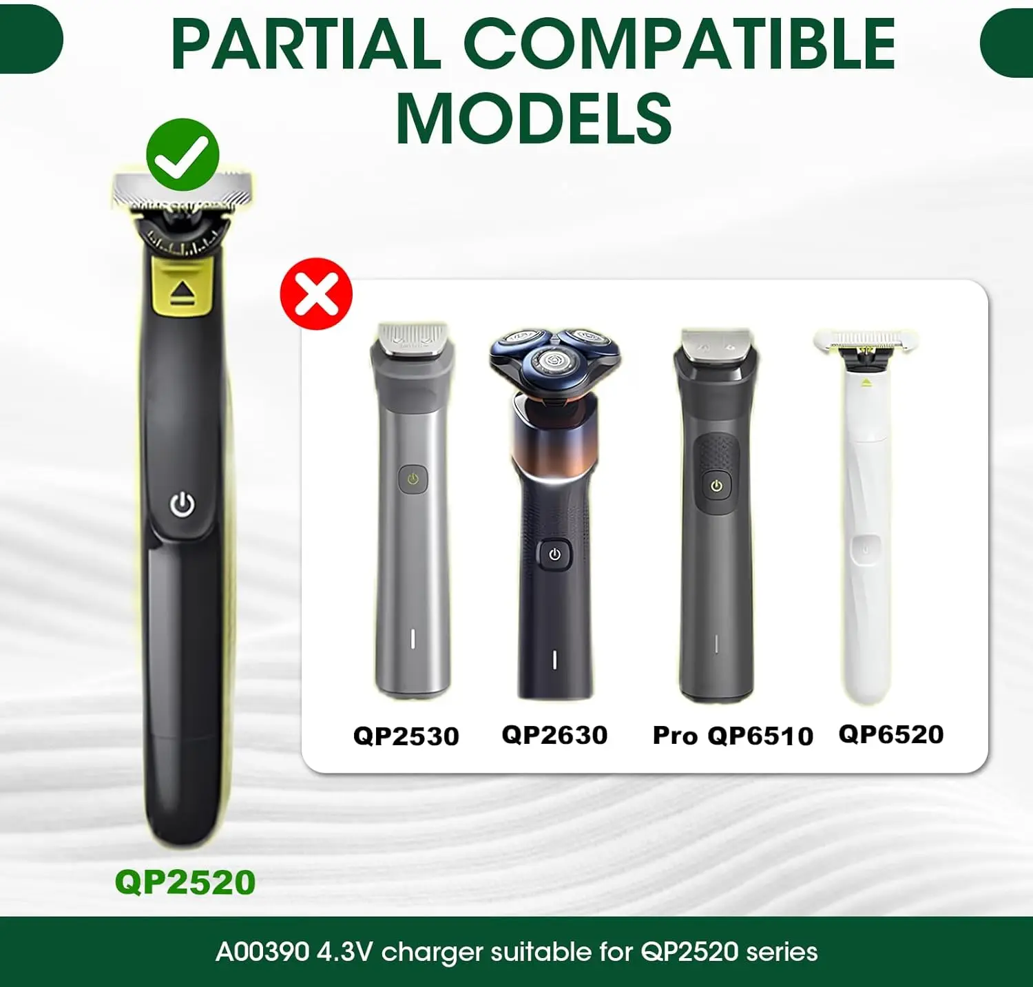 4.3V 70mA A00390 원블레이드 MG BT QP2520 QP2620 QP2510 MG3740 MG3730 MG3720 MG5720 MG5730 BT3206용 교체 면도기 충전기