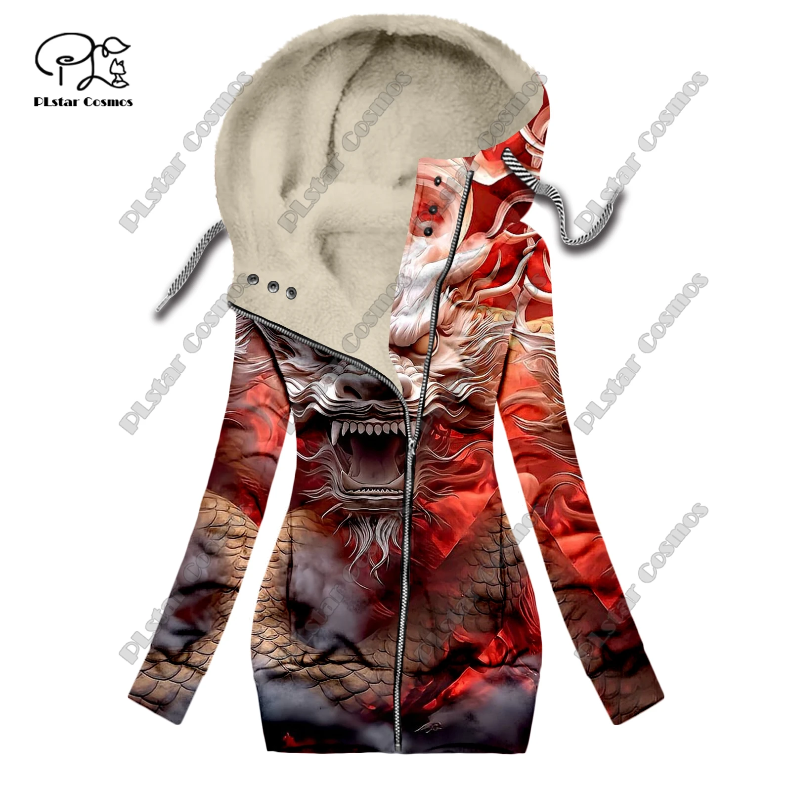New 3D printing animal series dragon cloud pattern velvet warm women's long zipper hoodie jacket commuting casual winter