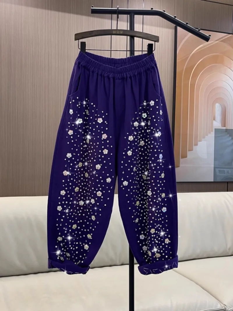 Heavy-Duty Beaded Sequined Colored Jeans Women's 2024 Spring Summer New Elastic Waist Loose Straight Personality Casual Trousers