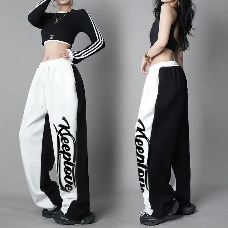 

American hip hop contrast stitched sports trousers women's high waist street dance loose casual drape straight dancing corset