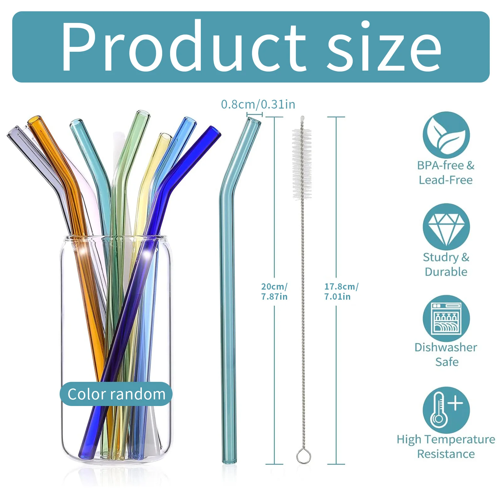 Eco-Friendly Multi-Color Reusable Glass Straw Set - 7 Pieces for Smoothies, Milkshakes, Tea, Juice, and Cocktails