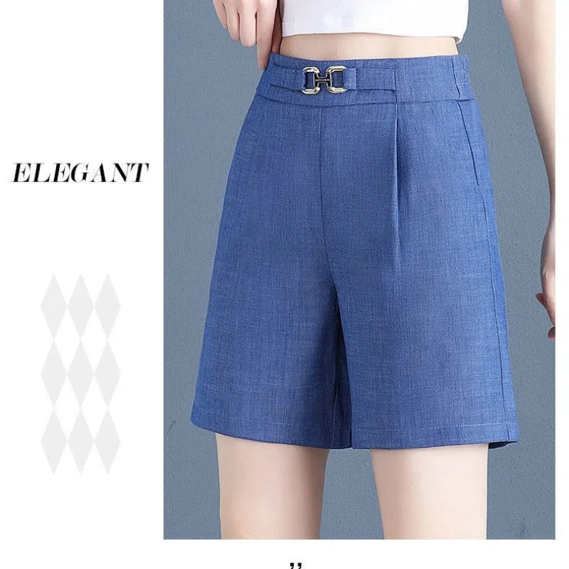 Women's Summer 2024 New Patchwork High-waisted Pocket Folds Loose Fashion Solid Color Casual Versatile A-line Wide Leg Shorts