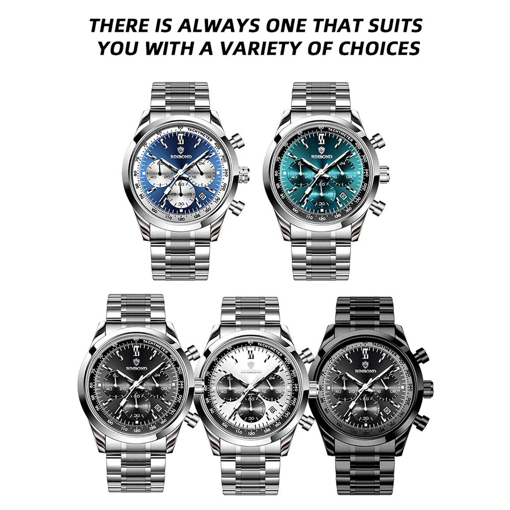BINBOND Fashion Men's Watches Trend Multifunctional Original Quartz Watch for Man Waterproof Stainless Steel Chronograph Watch 5