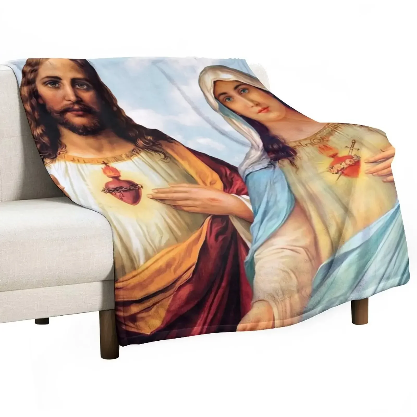

Sacred and Immaculate Hearts - III (Jesus and Mary) sky background Throw Blanket Hairy Moving Plush Blankets