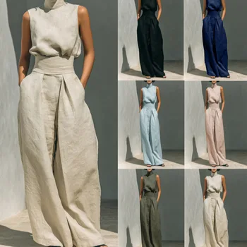 Women's Two-piece Sleeveless Top High-neck Trousers Wide-leg Pants 2026 Spring And Summer New Cotton Linen Casual Suit For Women