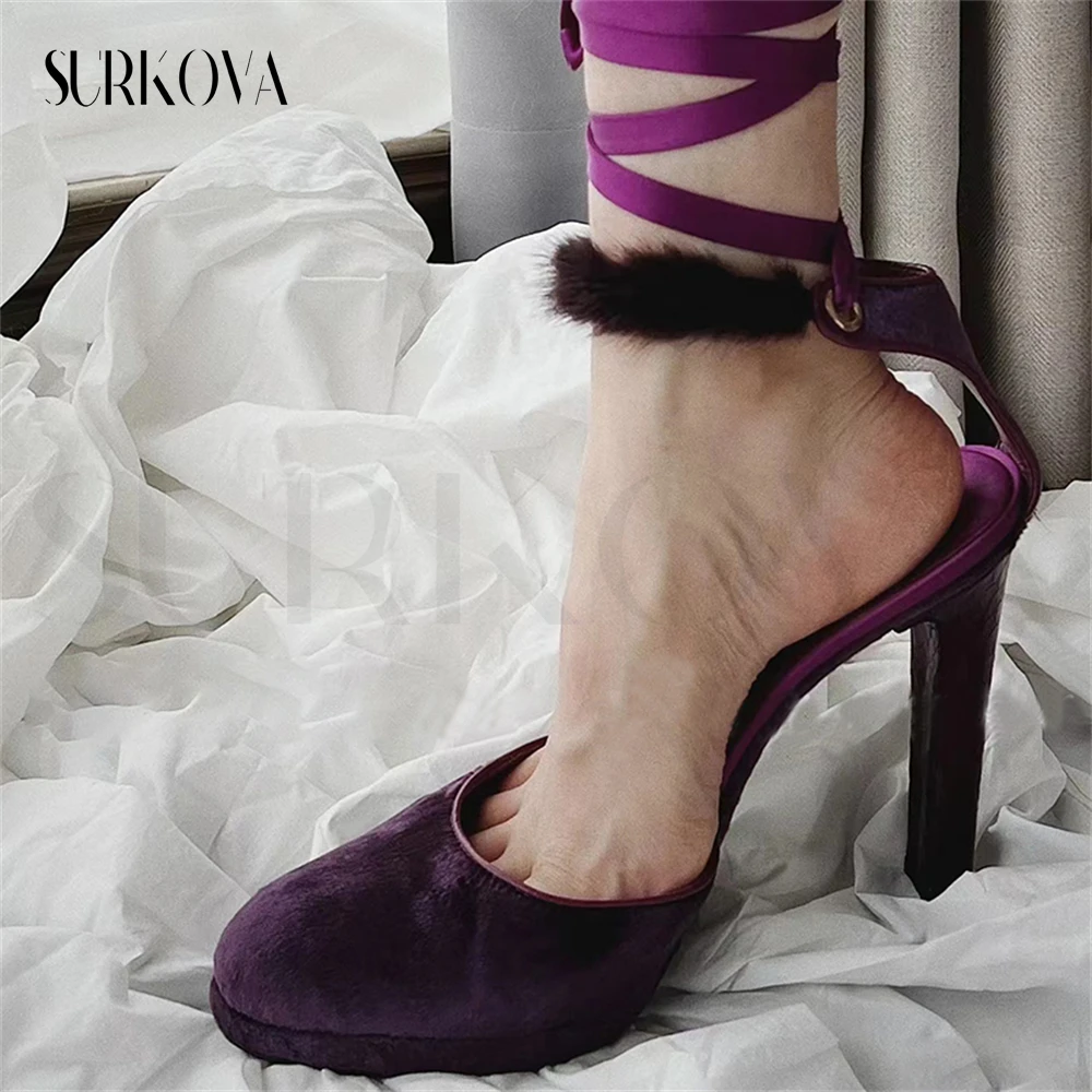 

Purple Fuzzy Ankle Strap Fashion Woman High Heels Pumps 2023 New Suede Round Toe High Heels Ladies Prom Party Shoes Woman Shoes