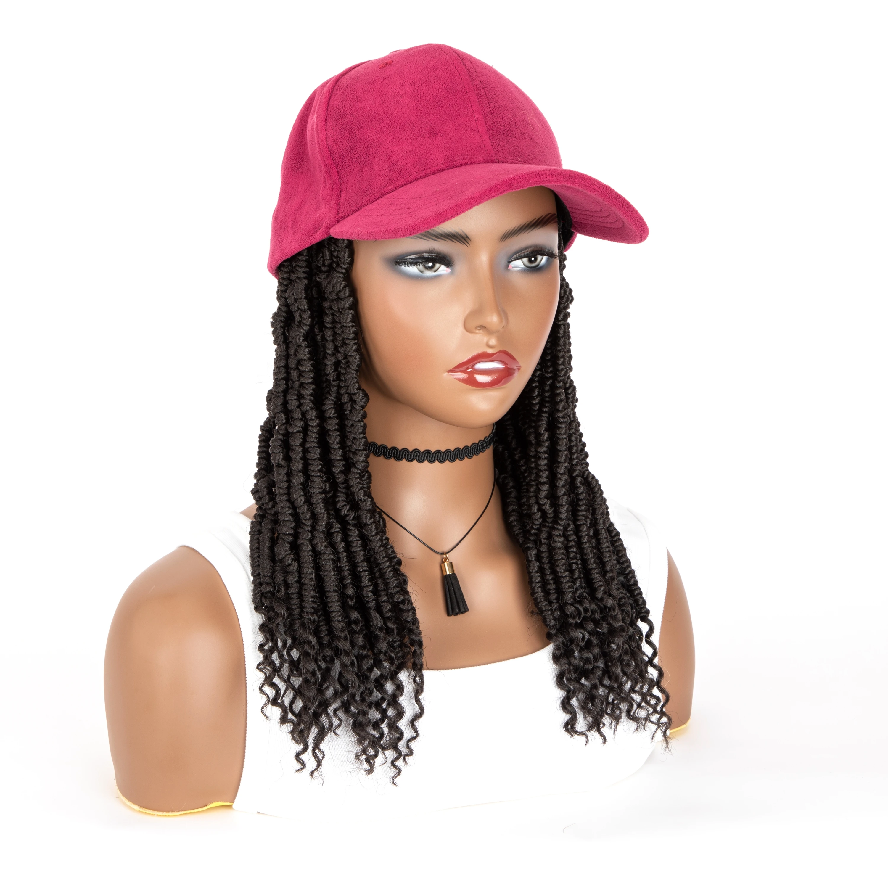 Medium Braided Synthetic Wig Spring Box Braids Hair Extensions With Burgundy Baseball Cap Bucket Hat synthetic hair wigs