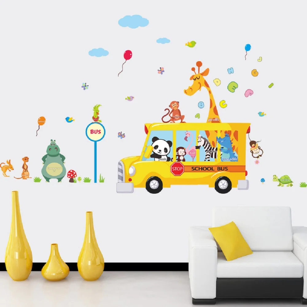 

Cartoon Animals School Bus Wall Stickers For Kids Rooms Panda Monkey Giraffee Turtle Nursery Room Decor Art Wall Decal Poster