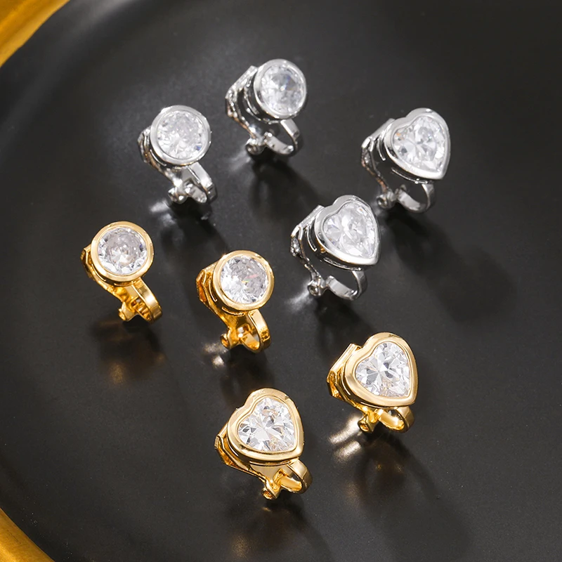 Cute Sparkly Round Heart Zirconia Non Pierced Earrings Female Graceful Elegance Clip on Earrings Women's Jewelry Trendy ear clip earrings clip earrings ear clip ear accessories