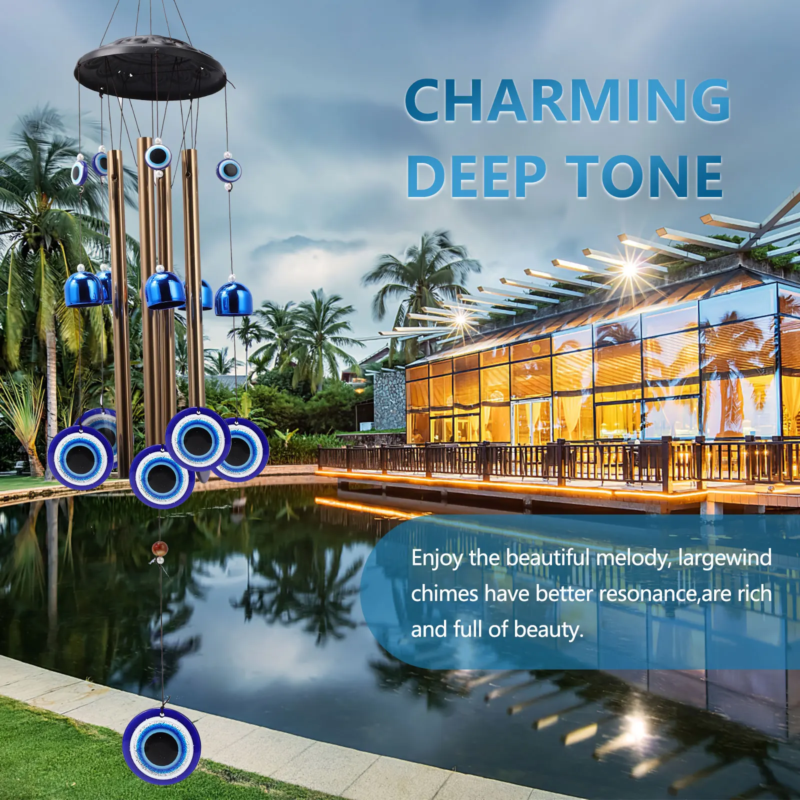 YEBON Blue Evil Eye Amulet Wind Chimes Bells Outdoor Decor,Metal Windchimes for Garden Patio Backyard Home Decor 4