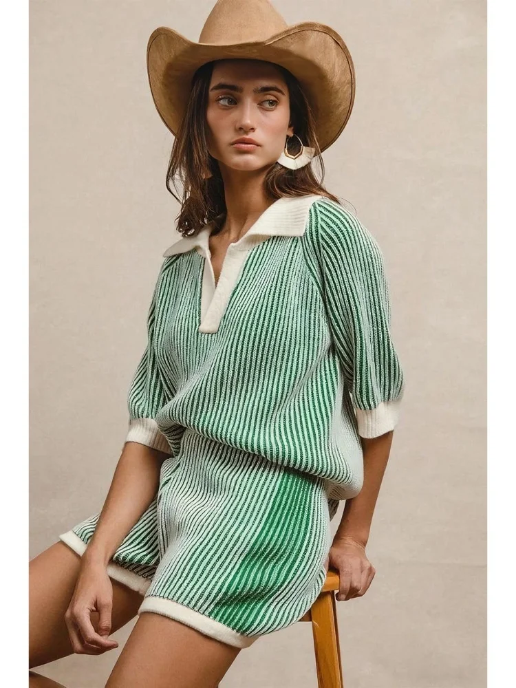 Wmstar 2025 New Women Fashionable Elegant Two Piece Sets Comfortable Loose Color Block Striped Sweater Half Sleeve Sweater