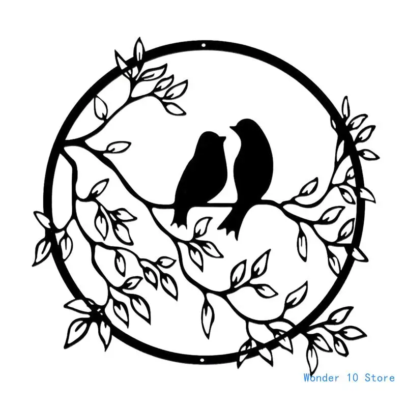 

Metal Couple Bird on Tree Branch Sculpture Iron Art Wall Round Hanging Ornament Plaque Decor for Living Room