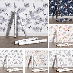Black White Peel And Stick Cartoon Wallpaper Self-Adhesive Cute Animal Wall Stickers for Kidroom Nursery Room Bedroom Home Decor