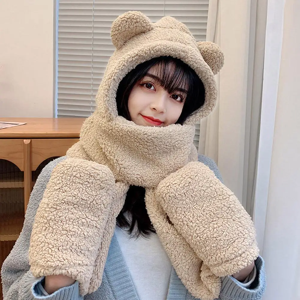 Winter Women Warm Beanies Caps Warm Bear Ear Hat Casual Plush Hat Scarf Set Casual Solid Women Caps 3