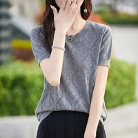 New Summer Fashion 100% Pure Cotton Women's Sweater Short sleeved Casual O-neck Pullover T-shirt Loose Knitted Hollow Top - Image 5