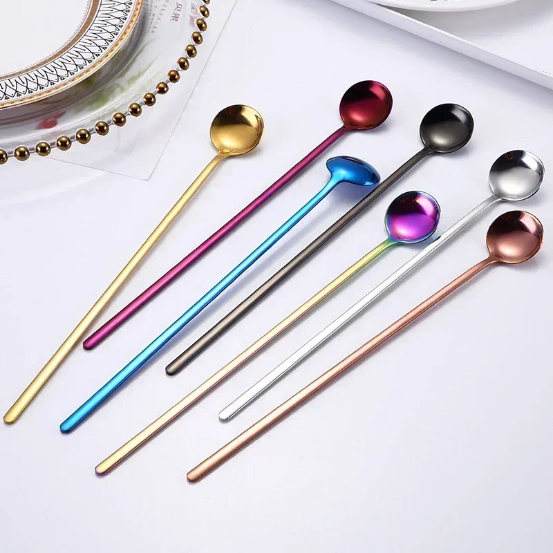 Stainless steel spoon tea spoon Rainbow Color Coffee Tea Stir Spoon Long Handle Ice Cream Dessert Spoons Eco-Friendly Stainless Steel Tableware Kitchen Supplies