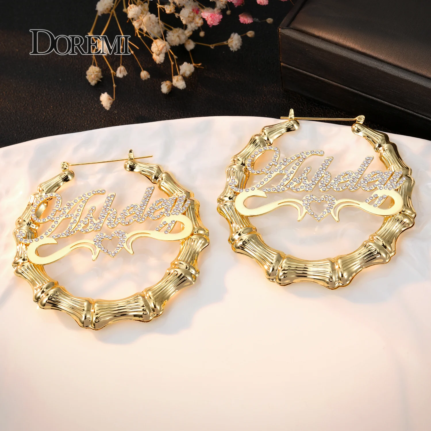 DOREMI Bling Heart Name Bamboo Earrings Custom Letter Hoops Bamboo Iced Out Names Big Hoop Personalised Name Earrings Women Gift