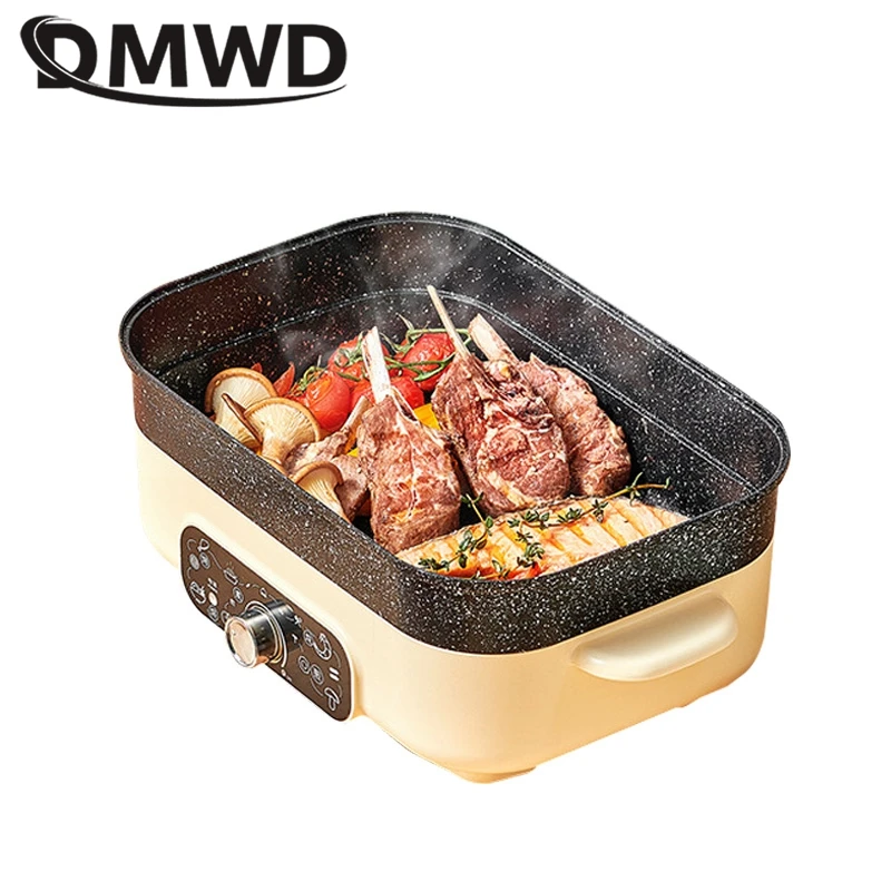 DMWD Multifunction Electric Cooking Pot 4L Hot Pot Mini Skillet Food Cooker Barbecue Boiling Stewing Pot Breakfast Machine 220V 4