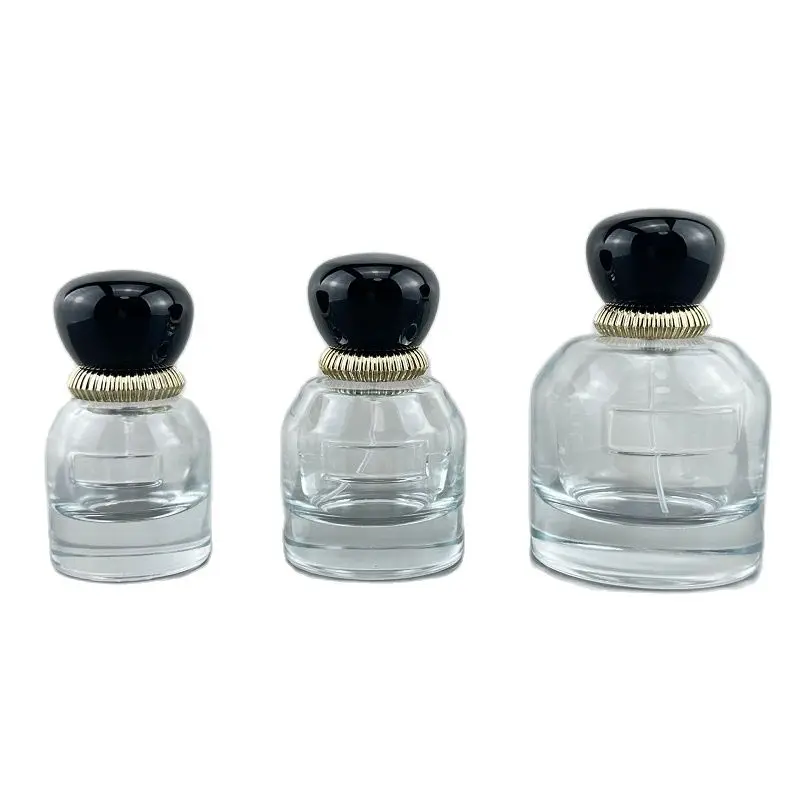 

5pcs Perfume Bottle Clear Glass Atomizer Crimp Pump Black Lid 30ml 50ml 100ml Luxury Round Thick Bottom Empty Spray Mist Bottles