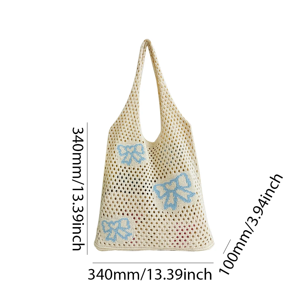 Cute Bow-Knot Pattern Crochet Shoulder Bag Hollow Shopping Bag Mesh Holiday Travel Handbag Summer Beach Handbag for Women