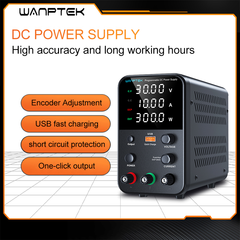 Wanptek Adjustable DC Power Supply 30V 60V 5A 10A Lab Bench Power Supply USB Interface Fast Charging Preset Voltage and Current