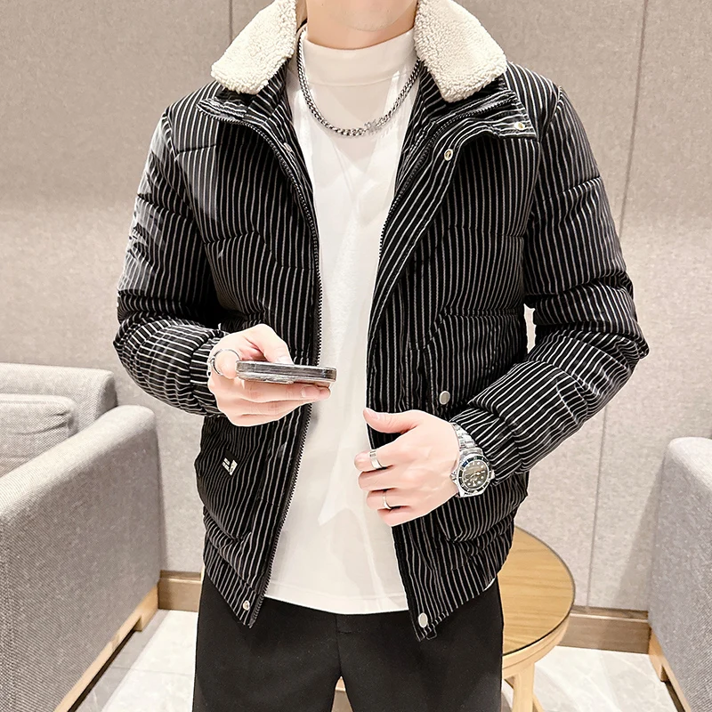 New 2023 Autumn Winter Men's Striped Warm Cotton-Padded Jackets Slim Stand Collar Down Coat Outwear Thicken WADDED JACKET Parkas