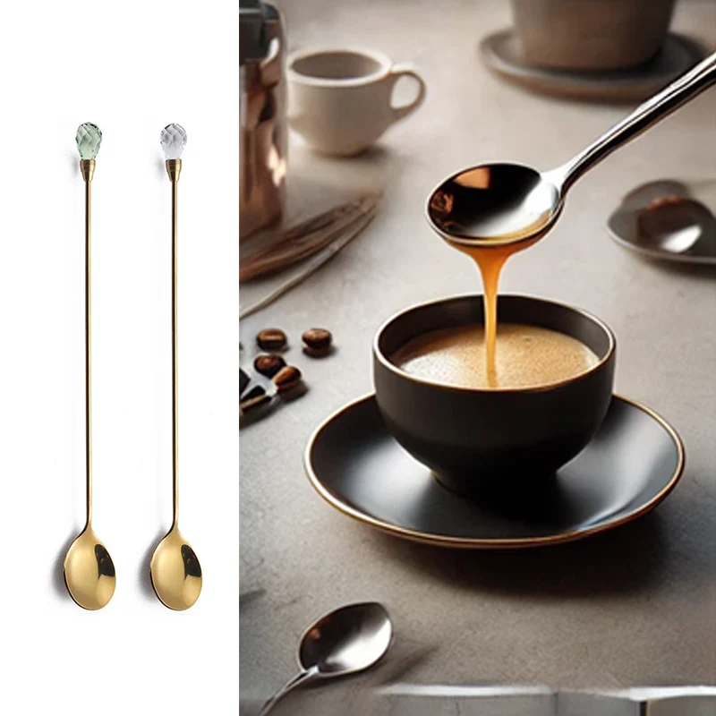 Stainless Steel Stirring Spoon Long Handle Drink Mixing Spoon with Crystal Head for Coffee Tea Cocktail Kitchen Bar Accessories