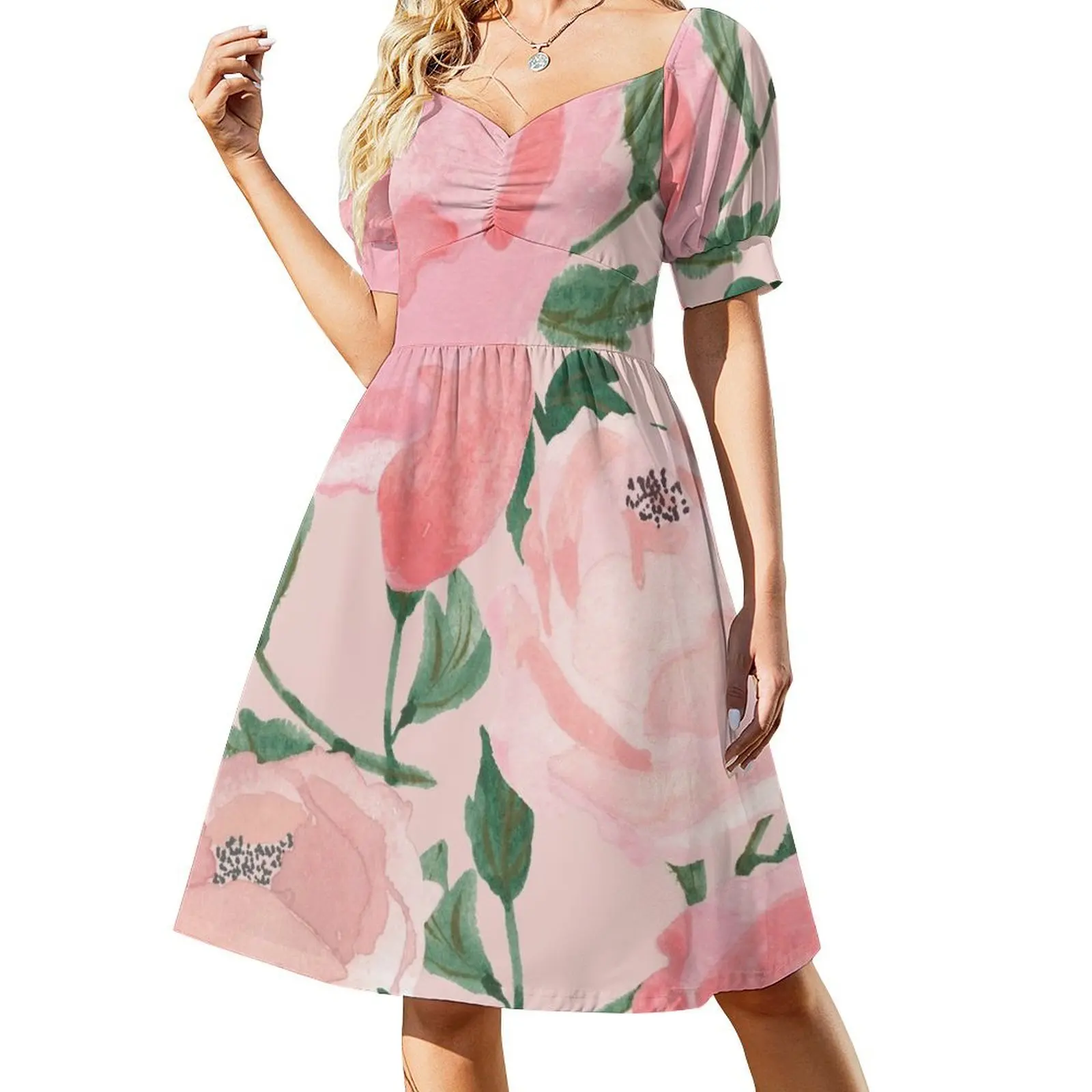 thumbnail image 1 of Vestido de manga corta con acuarela de peonías rosas sobre rubor Ropa de mujer Vestido, 1 of 7