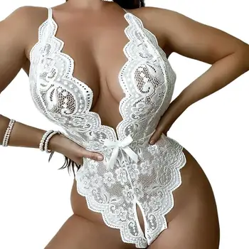 Sexy Crotchless White Lingerie Lace Hollow Bodysuit Erotic Costumes Teddy Babydoll Dress Deep V Open Bra Porn Women's Underwear