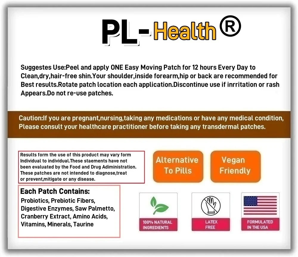 30 Patches Probiotics Transdermal Patches for Men with Saw Palmetto & Cranberry for Gut, Prostate Urinary Tract Health