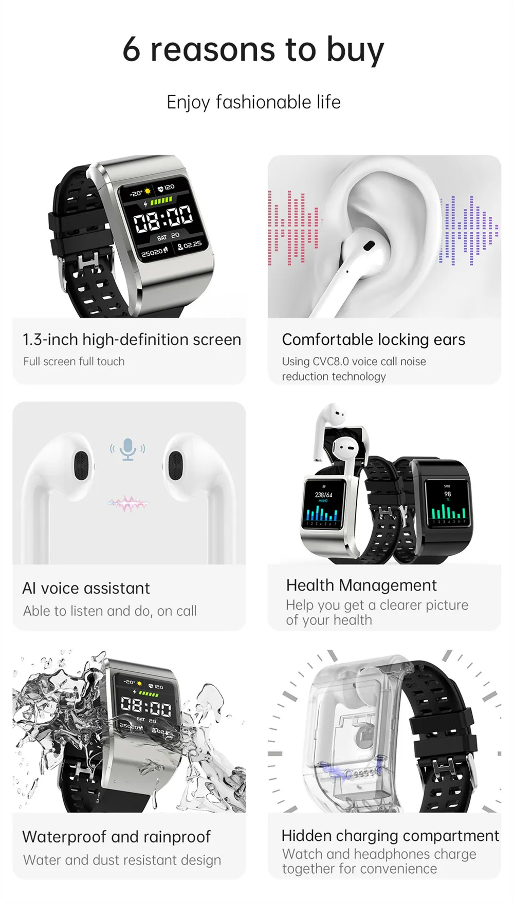 G36 New Smart Watch TWS Bluetooth Headset 2 In 1 Full Touch Screen 1.3 Inch Waterproof Sports Fitness Men Wristband Heart Rate