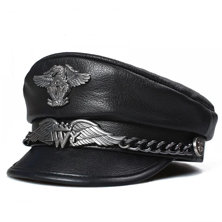 

Exclusive German Military Cap Man Genuine Leather Flat Top Hat Korean Fashion Eagle Mark Chain Punk Locomotive Casquette Male