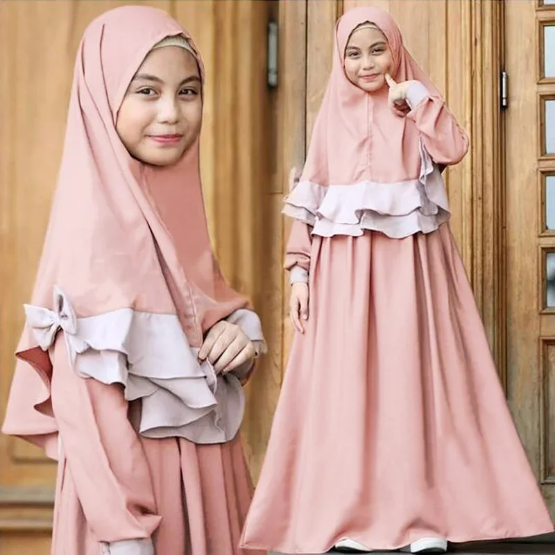 Bambini Musulmani Ragazze 2 Pezzi Abito Da Preghiera Hijab Abaya Ramadan Set Arabo Bambini Foulard Abito Lungo Abito Chador Islamico
