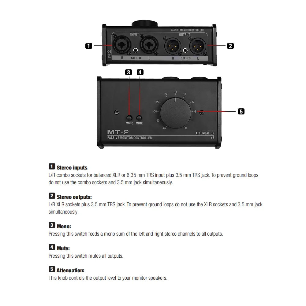 MT-2 Passive Monitor Controller with XLR 3.5mm Inputs Outputs Supports Attenuation Control Mute Function Tools Stage Audio